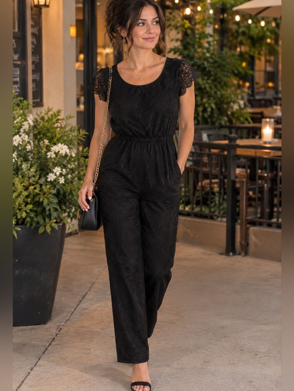 Black short sleeve lace detail jumpsuit